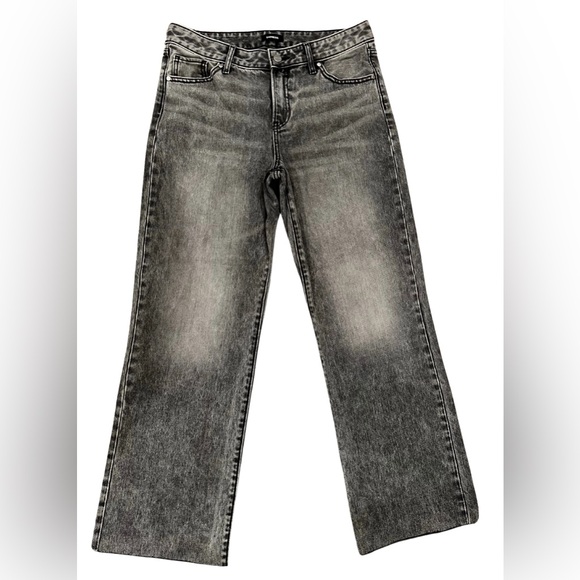 Express Denim - Express 90s Ankle Boot Mid Rise Jeans Women Size 6L in Faded Black Frayed Hem